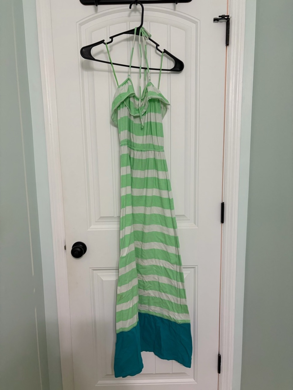 Striped Maxi Sundress in Light Green & White with Teal Hem